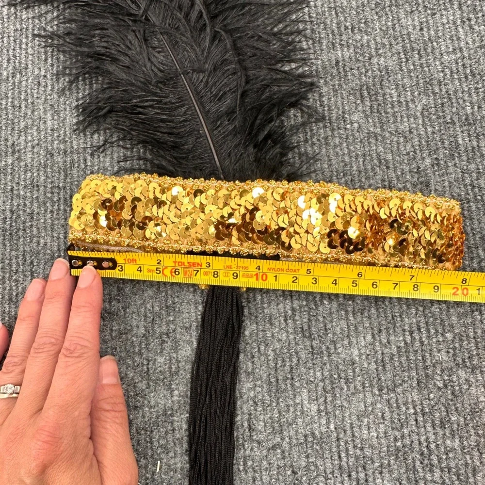 Flapper Headband Halloween Women One Size Sequin Feather Tassel Gold Black 1920s